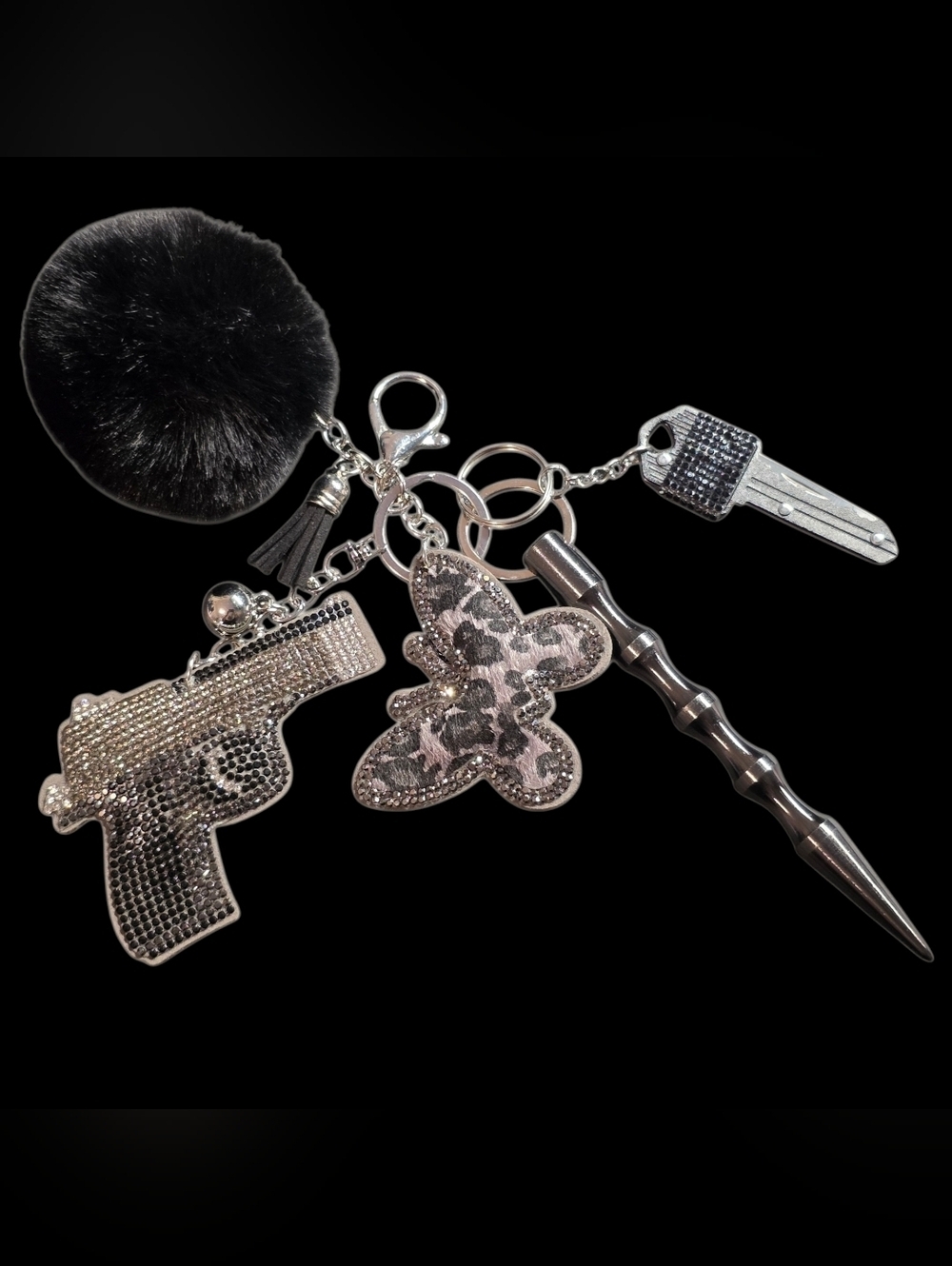 Rhinestone Bling Self Defense Bag Charm Keychain Set | Black & Leopard